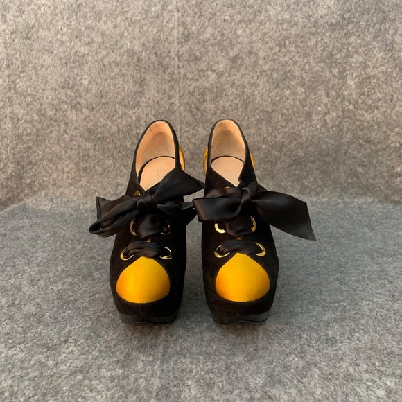 Casadei Black Yellow Suede Satin Lace Up Heels Platform Shoes - Picture 5 of 10